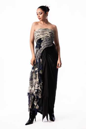 Nupur Kanoi Off White Crepe, Chiffon, Lycra, Printed Tube Fur Top With Front Knot Skirt Online at Aza Fashions Nupur Kanoi_Off White Crepe, Chiffon, Lycra, Printed Tube Fur Top With Front Knot Skirt _Online_at_Aza_Fashions