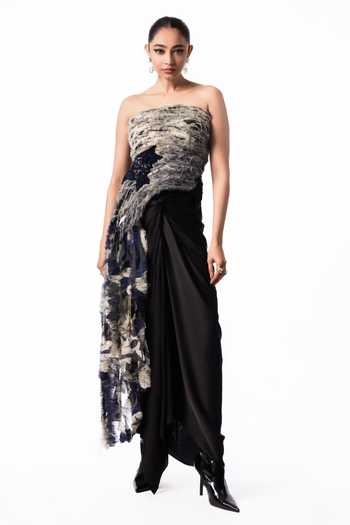 Nupur Kanoi Printed Tube Fur Top With Front Knot Skirt
