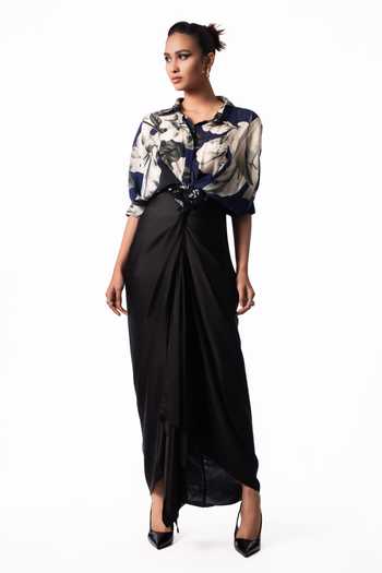 Nupur Kanoi Blue Crepe, Satin Collared Neck Studded Peplum Shirt With Front Knot Skirt Online at Aza Fashions Nupur Kanoi_Blue Crepe, Satin Collared Neck Studded Peplum Shirt With Front Knot Skirt _Online_at_Aza_Fashions