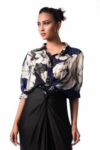 Shop Nupur Kanoi Blue Crepe, Satin Collared Neck Studded Peplum Shirt With Front Knot Skirt Online at Aza Fashions Shop_Nupur Kanoi_Blue Crepe, Satin Collared Neck Studded Peplum Shirt With Front Knot Skirt _Online_at_Aza_Fashions