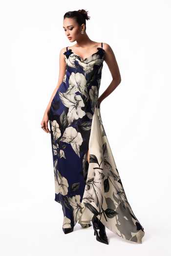Nupur Kanoi Blue Satin Cowl Neck Printed Dress Online at Aza Fashions Nupur Kanoi_Blue Satin Cowl Neck Printed Dress _Online_at_Aza_Fashions
