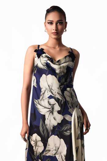 Buy Nupur Kanoi Blue Satin Cowl Neck Printed Dress Online at Aza Fashions Buy_Nupur Kanoi_Blue Satin Cowl Neck Printed Dress _Online_at_Aza_Fashions