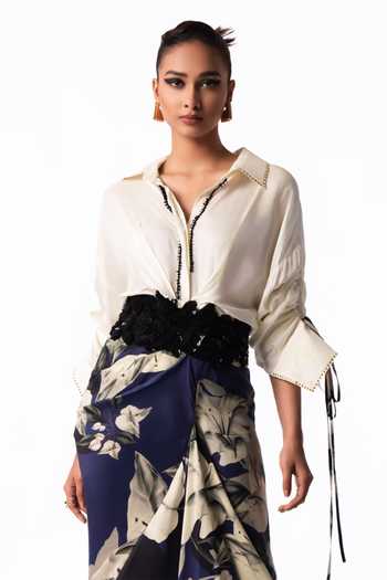 Buy Nupur Kanoi Off White Crepe, Satin Collared Neck Printed Sequin Pick-up Shirt Dress Online at Aza Fashions Buy_Nupur Kanoi_Off White Crepe, Satin Collared Neck Printed Sequin Pick-up Shirt Dress _Online_at_Aza_Fashions