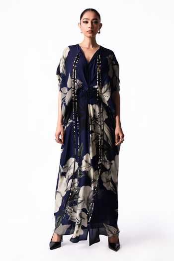 Nupur Kanoi Blue Crepe V-neck Printed Kaftan Dress Online at Aza Fashions Nupur Kanoi_Blue Crepe V-neck Printed Kaftan Dress _Online_at_Aza_Fashions