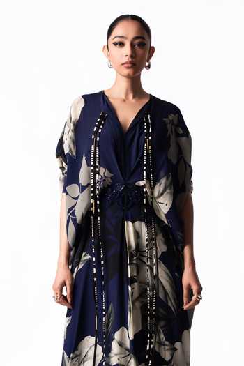 Buy Nupur Kanoi Blue Crepe V-neck Printed Kaftan Dress Online at Aza Fashions Buy_Nupur Kanoi_Blue Crepe V-neck Printed Kaftan Dress _Online_at_Aza_Fashions