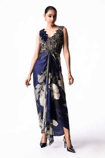 Nupur Kanoi V Neck Printed Draped Bustier Dress