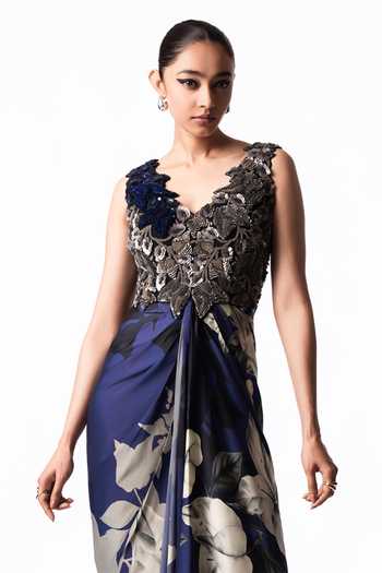 Nupur Kanoi Blue Crepe, Satin, Lycra V-neck V Printed Draped Bustier Dress Online at Aza Fashions Nupur Kanoi_Blue Crepe, Satin, Lycra V-neck V Printed Draped Bustier Dress _Online_at_Aza_Fashions