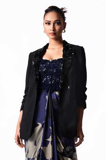 Buy Nupur Kanoi Multicolor Rayon, Crepe, Satin, Lycra Shawl Neck, Printed Draped Dress With Blazer Online at Aza Fashions Buy_Nupur Kanoi_Multicolor Rayon, Crepe, Satin, Lycra Shawl Neck, Printed Draped Dress With Blazer _Online_at_Aza_Fashions