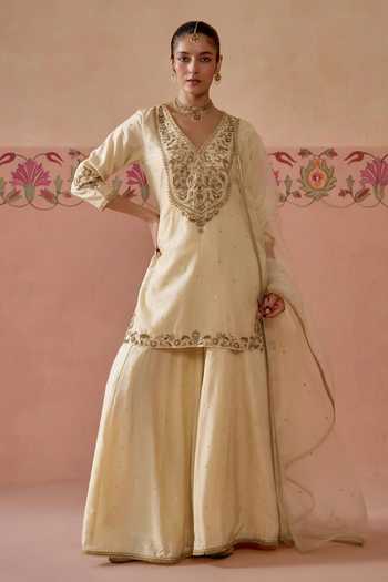 Kritika Dawar Ivory Silk, Chanderi, Organza V-neck, Yes Gulnaar Embroidered Kurta Sharara Set Online at Aza Fashions Kritika Dawar_Ivory Silk, Chanderi, Organza V-neck, Yes Gulnaar Embroidered Kurta Sharara Set _Online_at_Aza_Fashions