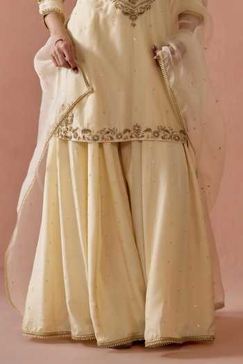 Kritika Dawar Ivory Silk, Chanderi, Organza V-neck, Yes Gulnaar Embroidered Kurta Sharara Set at Aza Fashions Kritika Dawar_Ivory Silk, Chanderi, Organza V-neck, Yes Gulnaar Embroidered Kurta Sharara Set _at_Aza_Fashions