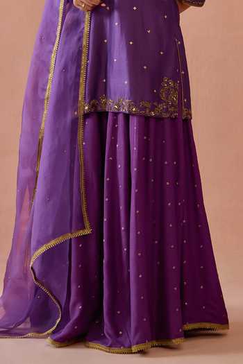 Kritika Dawar Purple Silk, Chanderi, Organza V-neck, Yes Gulnaar Sharara Set Online at Aza Fashions Kritika Dawar_Purple Silk, Chanderi, Organza V-neck, Yes Gulnaar Sharara Set _Online_at_Aza_Fashions