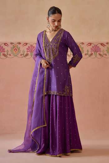 Buy Kritika Dawar Purple Silk, Chanderi, Organza V-neck, Yes Gulnaar Sharara Set Online at Aza Fashions Buy_Kritika Dawar_Purple Silk, Chanderi, Organza V-neck, Yes Gulnaar Sharara Set _Online_at_Aza_Fashions