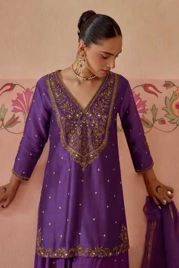 Shop Kritika Dawar Purple Silk, Chanderi, Organza V-neck, Yes Gulnaar Sharara Set Online at Aza Fashions Shop_Kritika Dawar_Purple Silk, Chanderi, Organza V-neck, Yes Gulnaar Sharara Set _Online_at_Aza_Fashions