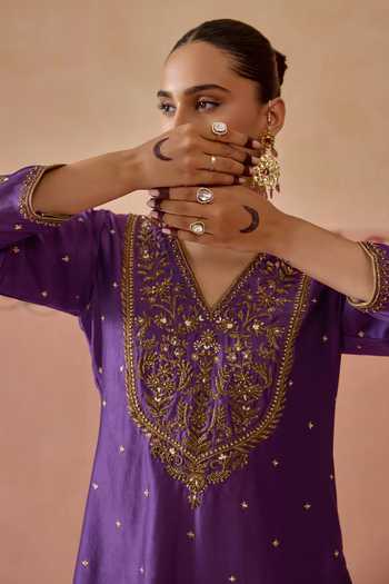 Buy Kritika Dawar Purple Silk, Chanderi, Organza V-neck, Yes Gulnaar Sharara Set Buy_Kritika Dawar_Purple Silk, Chanderi, Organza V-neck, Yes Gulnaar Sharara Set