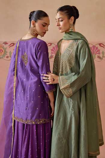 Shop Kritika Dawar Purple Silk, Chanderi, Organza V-neck, Yes Gulnaar Sharara Set Shop_Kritika Dawar_Purple Silk, Chanderi, Organza V-neck, Yes Gulnaar Sharara Set