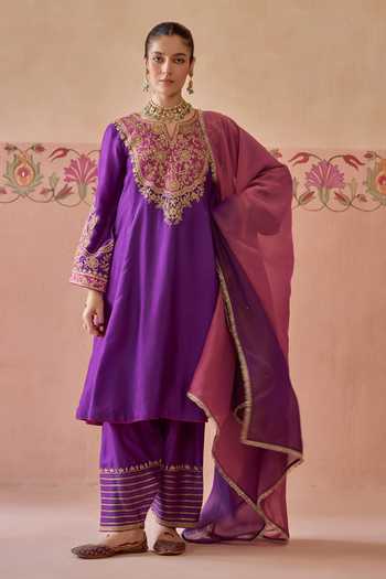 Buy Kritika Dawar Purple Silk, Tissue Split V-neck Aafreen Embroidered Kurta Set Online at Aza Fashions Buy_Kritika Dawar_Purple Silk, Tissue Split V-neck Aafreen Embroidered Kurta Set _Online_at_Aza_Fashions
