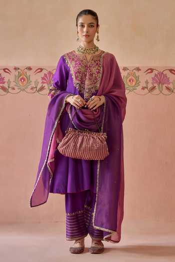 Shop Kritika Dawar Purple Silk, Tissue Split V-neck Aafreen Embroidered Kurta Set Online at Aza Fashions Shop_Kritika Dawar_Purple Silk, Tissue Split V-neck Aafreen Embroidered Kurta Set _Online_at_Aza_Fashions