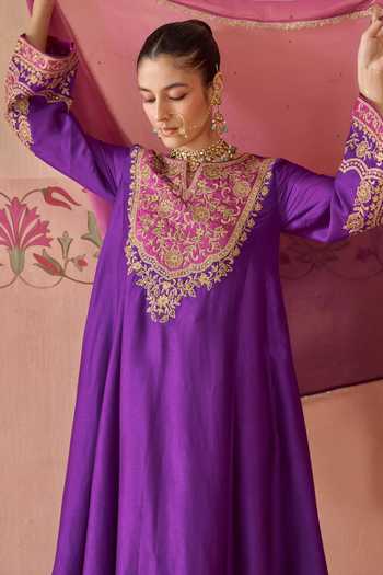 Buy Kritika Dawar Purple Silk, Tissue Split V-neck Aafreen Embroidered Kurta Set Buy_Kritika Dawar_Purple Silk, Tissue Split V-neck Aafreen Embroidered Kurta Set