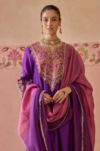 Shop Kritika Dawar Purple Silk, Tissue Split V-neck Aafreen Embroidered Kurta Set Shop_Kritika Dawar_Purple Silk, Tissue Split V-neck Aafreen Embroidered Kurta Set