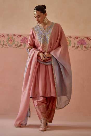 Shop Kritika Dawar Pink Silk, Tissue V-neck Aafreen Embroidered Kurta Salwar Set Online at Aza Fashions Shop_Kritika Dawar_Pink Silk, Tissue V-neck Aafreen Embroidered Kurta Salwar Set _Online_at_Aza_Fashions