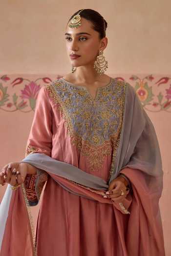 Buy Kritika Dawar Pink Silk, Tissue V-neck Aafreen Embroidered Kurta Salwar Set Buy_Kritika Dawar_Pink Silk, Tissue V-neck Aafreen Embroidered Kurta Salwar Set
