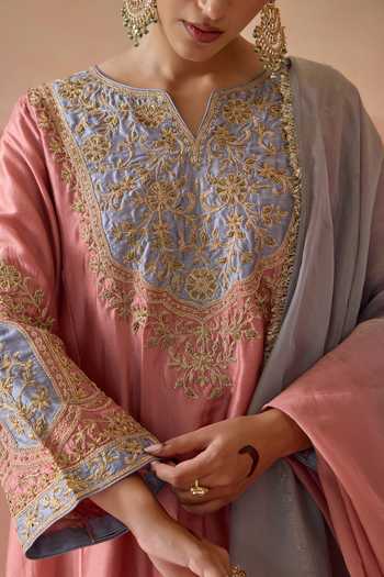 Shop Kritika Dawar Pink Silk, Tissue V-neck Aafreen Embroidered Kurta Salwar Set Shop_Kritika Dawar_Pink Silk, Tissue V-neck Aafreen Embroidered Kurta Salwar Set