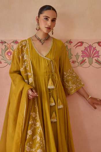Shop Kritika Dawar Yellow Chanderi, Tissue V-neck Gulrang Embroidered Anarkali Set Online at Aza Fashions Shop_Kritika Dawar_Yellow Chanderi, Tissue V-neck Gulrang Embroidered Anarkali Set _Online_at_Aza_Fashions