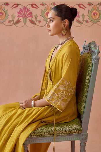 Kritika Dawar Yellow Chanderi, Tissue V-neck Gulrang Embroidered Anarkali Set at Aza Fashions Kritika Dawar_Yellow Chanderi, Tissue V-neck Gulrang Embroidered Anarkali Set _at_Aza_Fashions