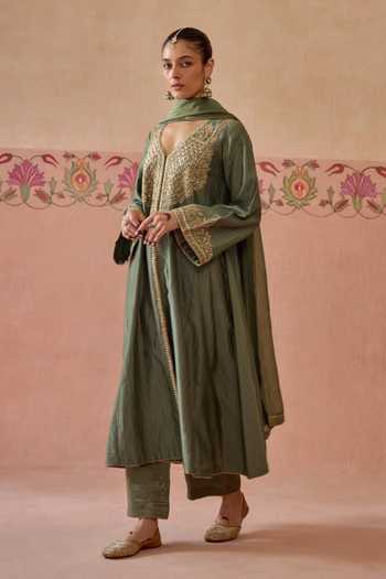 Buy Kritika Dawar Green Silk, Chanderi, Tissue V-neck Mehrunisa Embroidered Angarkha Set Online at Aza Fashions Buy_Kritika Dawar_Green Silk, Chanderi, Tissue V-neck Mehrunisa Embroidered Angarkha Set _Online_at_Aza_Fashions