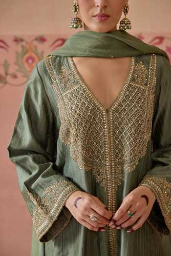 Shop Kritika Dawar Green Silk, Chanderi, Tissue V-neck Mehrunisa Embroidered Angarkha Set Online at Aza Fashions Shop_Kritika Dawar_Green Silk, Chanderi, Tissue V-neck Mehrunisa Embroidered Angarkha Set _Online_at_Aza_Fashions