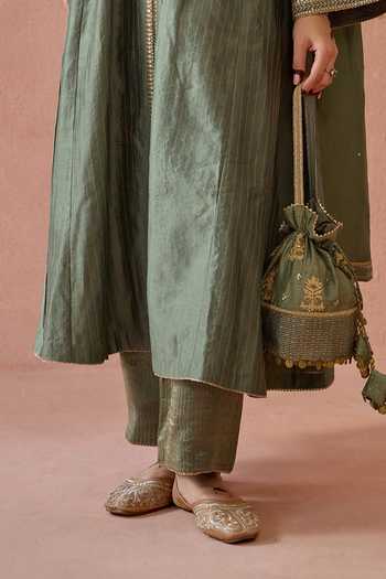 Kritika Dawar Green Silk, Chanderi, Tissue V-neck Mehrunisa Embroidered Angarkha Set at Aza Fashions Kritika Dawar_Green Silk, Chanderi, Tissue V-neck Mehrunisa Embroidered Angarkha Set _at_Aza_Fashions