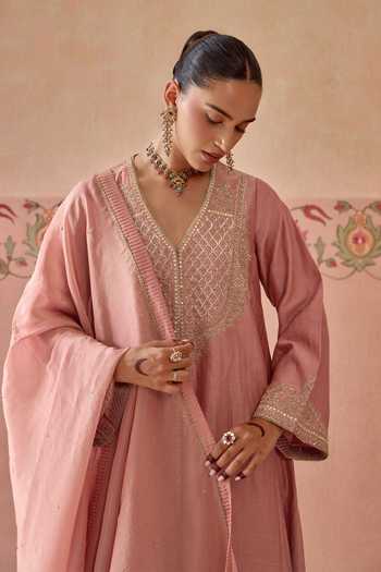Buy Kritika Dawar Pink Silk, Chanderi, Tissue V-neck Mehrunisa Embroidered Angarkha Set Online at Aza Fashions Buy_Kritika Dawar_Pink Silk, Chanderi, Tissue V-neck Mehrunisa Embroidered Angarkha Set _Online_at_Aza_Fashions