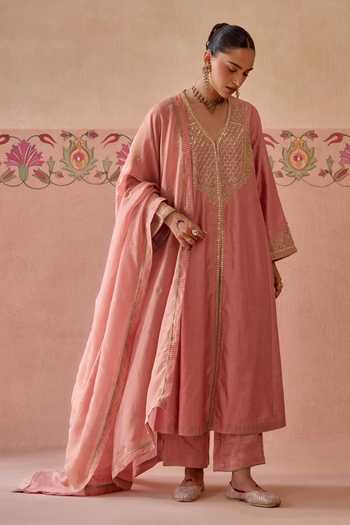 Shop Kritika Dawar Pink Silk, Chanderi, Tissue V-neck Mehrunisa Embroidered Angarkha Set Online at Aza Fashions Shop_Kritika Dawar_Pink Silk, Chanderi, Tissue V-neck Mehrunisa Embroidered Angarkha Set _Online_at_Aza_Fashions