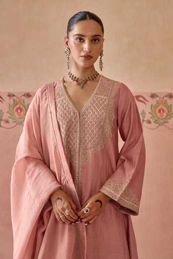 Kritika Dawar Pink Silk, Chanderi, Tissue V-neck Mehrunisa Embroidered Angarkha Set at Aza Fashions Kritika Dawar_Pink Silk, Chanderi, Tissue V-neck Mehrunisa Embroidered Angarkha Set _at_Aza_Fashions