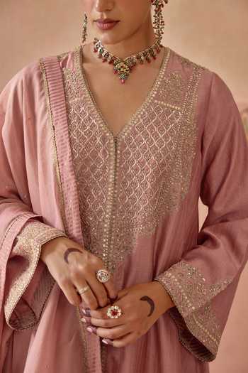 Buy Kritika Dawar Pink Silk, Chanderi, Tissue V-neck Mehrunisa Embroidered Angarkha Set Buy_Kritika Dawar_Pink Silk, Chanderi, Tissue V-neck Mehrunisa Embroidered Angarkha Set
