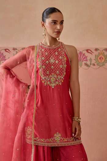 Buy Kritika Dawar Pink , Organza Halter Neck Shahira Embroidered Kurta Sharara Set Online at Aza Fashions Buy_Kritika Dawar_Pink , Organza Halter Neck Shahira Embroidered Kurta Sharara Set _Online_at_Aza_Fashions