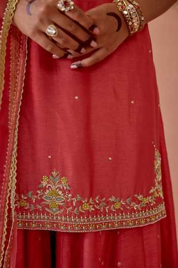 Shop Kritika Dawar Pink , Organza Halter Neck Shahira Embroidered Kurta Sharara Set Online at Aza Fashions Shop_Kritika Dawar_Pink , Organza Halter Neck Shahira Embroidered Kurta Sharara Set _Online_at_Aza_Fashions