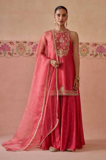 Shop Kritika Dawar Pink , Organza Halter Neck Shahira Embroidered Kurta Sharara Set Shop_Kritika Dawar_Pink , Organza Halter Neck Shahira Embroidered Kurta Sharara Set