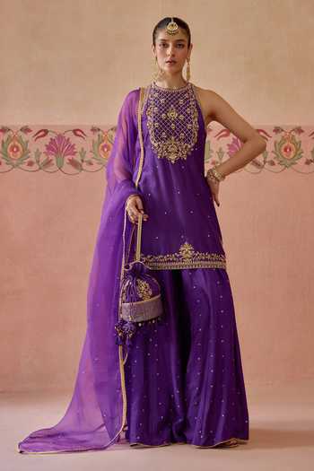 Kritika Dawar Purple , Organza Halter Neck, Yes Shahira Embroidered Kurta Sharara Set at Aza Fashions Kritika Dawar_Purple , Organza Halter Neck, Yes Shahira Embroidered Kurta Sharara Set _at_Aza_Fashions