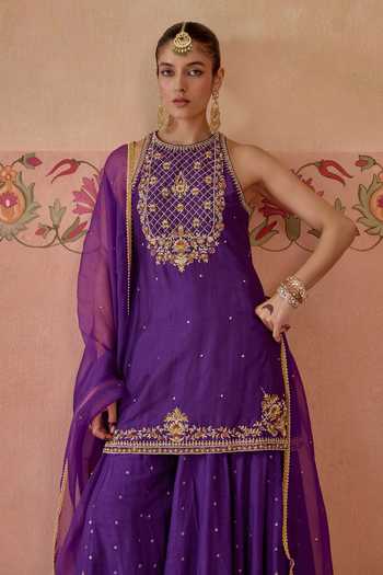 Buy Kritika Dawar Purple , Organza Halter Neck, Yes Shahira Embroidered Kurta Sharara Set Buy_Kritika Dawar_Purple , Organza Halter Neck, Yes Shahira Embroidered Kurta Sharara Set