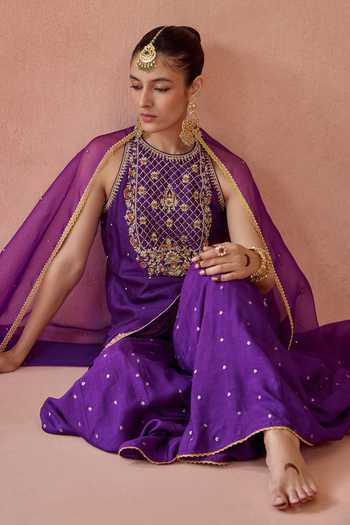 Shop Kritika Dawar Purple , Organza Halter Neck, Yes Shahira Embroidered Kurta Sharara Set Shop_Kritika Dawar_Purple , Organza Halter Neck, Yes Shahira Embroidered Kurta Sharara Set