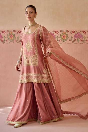 Buy Kritika Dawar Pink , Organza Round Neck Alaya Embroidered Kurta Sharara Set Online at Aza Fashions Buy_Kritika Dawar_Pink , Organza Round Neck Alaya Embroidered Kurta Sharara Set _Online_at_Aza_Fashions