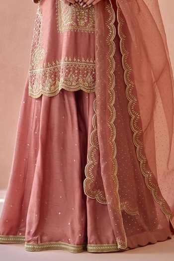 Shop Kritika Dawar Pink , Organza Round Neck Alaya Embroidered Kurta Sharara Set Online at Aza Fashions Shop_Kritika Dawar_Pink , Organza Round Neck Alaya Embroidered Kurta Sharara Set _Online_at_Aza_Fashions