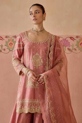Buy Kritika Dawar Pink , Organza Round Neck Alaya Embroidered Kurta Sharara Set Buy_Kritika Dawar_Pink , Organza Round Neck Alaya Embroidered Kurta Sharara Set