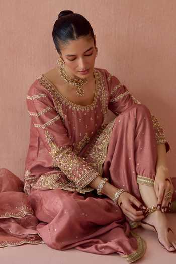 Shop Kritika Dawar Pink , Organza Round Neck Alaya Embroidered Kurta Sharara Set Shop_Kritika Dawar_Pink , Organza Round Neck Alaya Embroidered Kurta Sharara Set