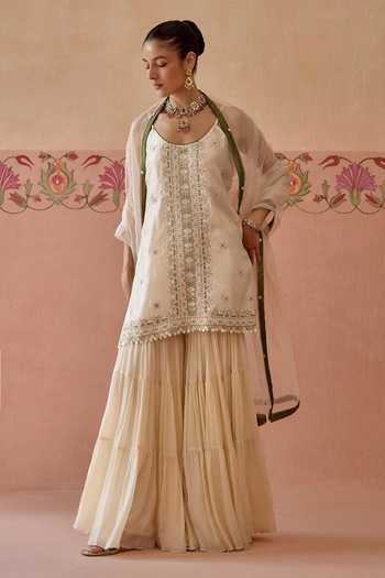 Buy Kritika Dawar Ivory Silk, Chinon, Organza Scoop Neck, Yes Sahiba Embroidered Kurta Gharara Set Online at Aza Fashions Buy_Kritika Dawar_Ivory Silk, Chinon, Organza Scoop Neck, Yes Sahiba Embroidered Kurta Gharara Set _Online_at_Aza_Fashions