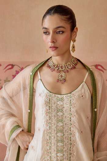 Buy Kritika Dawar Ivory Silk, Chinon, Organza Scoop Neck, Yes Sahiba Embroidered Kurta Gharara Set Buy_Kritika Dawar_Ivory Silk, Chinon, Organza Scoop Neck, Yes Sahiba Embroidered Kurta Gharara Set