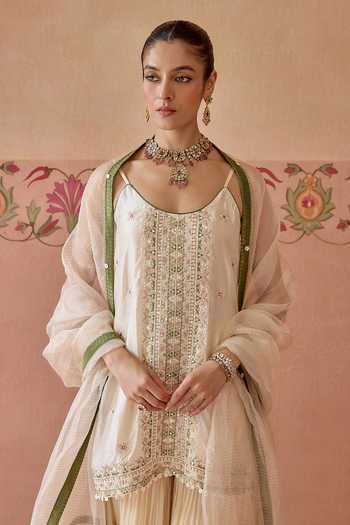 Shop Kritika Dawar Ivory Silk, Chinon, Organza Scoop Neck, Yes Sahiba Embroidered Kurta Gharara Set Shop_Kritika Dawar_Ivory Silk, Chinon, Organza Scoop Neck, Yes Sahiba Embroidered Kurta Gharara Set