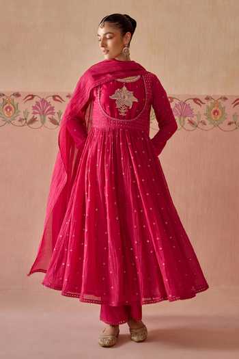 Buy Kritika Dawar Magenta Chanderi, Cotton Round Neck Evara Embroidered Anarkali Set Online at Aza Fashions Buy_Kritika Dawar_Magenta Chanderi, Cotton Round Neck Evara Embroidered Anarkali Set _Online_at_Aza_Fashions
