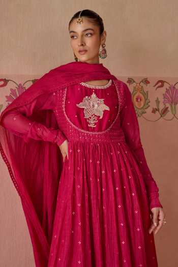 Shop Kritika Dawar Magenta Chanderi, Cotton Round Neck Evara Embroidered Anarkali Set Online at Aza Fashions Shop_Kritika Dawar_Magenta Chanderi, Cotton Round Neck Evara Embroidered Anarkali Set _Online_at_Aza_Fashions